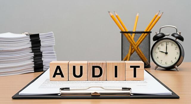 Wooden blocks spelling AUDIT on a clipboard in an office setting symbolizing financial review and compliance with a deadline approaching creating a sense of urgency and importance photo