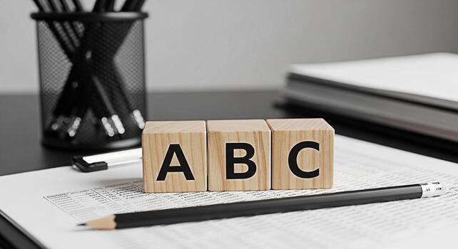 Wooden ABC blocks arranged on a financial document on a desk symbolizing basic concepts education and learning in a professional and organized office environment conveying simplicity and fundamental k photo