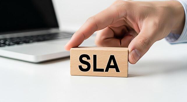 Hand placing a wooden block with the text SLA on a white desk in a modern office emphasizing the importance of service level agreement and business commitment for customer satisfaction photo
