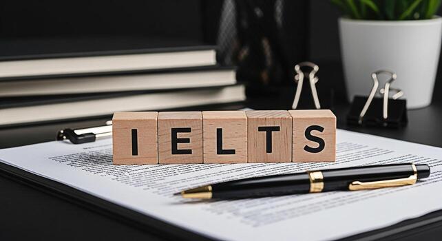 IELTS wooden blocks resting on exam paper in a professional office setting symbolizing preparation and success in the International English Language Testing System conveying a sense of readiness and a photo