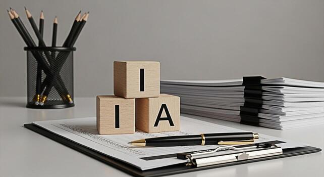 Wooden blocks spelling IA on a clipboard with financial data a pen and a stack of documents in a corporate office setting representing internal audit and compliance with a focus on accuracy and detail photo
