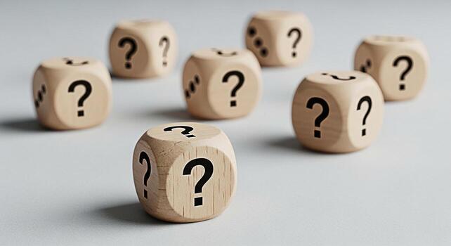 Wooden dice displaying question marks on a neutral surface representing uncertainty and the need for answers in business strategy and decisionmaking creating a sense of mystery and intrigue photo