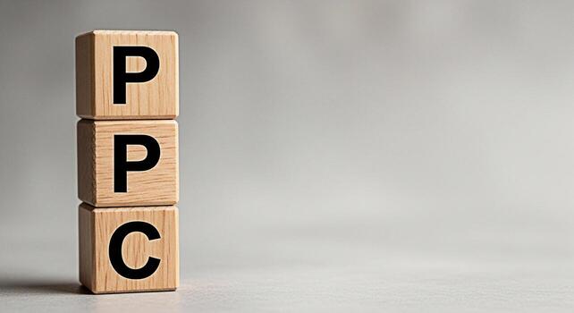 Stacked wooden blocks displaying PPC in a bright studio setting symbolizing payperclick advertising and online marketing strategies for business growth and increased website traffic photo
