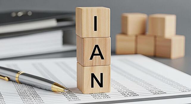Wooden blocks spelling IAN on a financial report in a corporate office symbolizing business analytics and datadriven decisionmaking for strategic planning and investment analysis photo