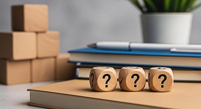 Three wooden dice displaying question marks resting on a book in a bright neutraltoned office symbolizing uncertainty problemsolving and the pursuit of knowledge with a sense of academic inquiry photo