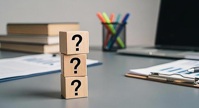 Stacked wooden blocks displaying question marks on a modern office desk representing uncertainty and the search for answers in business strategy and decisionmaking processes fostering a sense of inqui photo