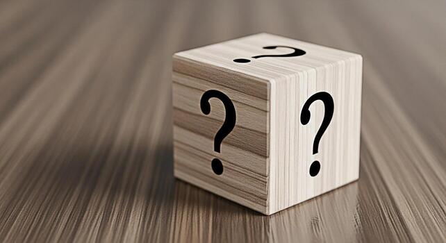 Wooden cube displaying question marks on a textured wooden surface symbolizing uncertainty and the search for answers in a conceptual and thoughtprovoking composition creating a sense of mystery and i photo