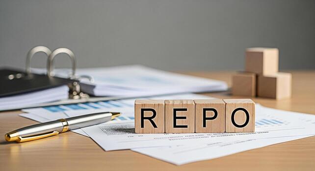 Wooden blocks spelling REPO resting on financial reports in a corporate office setting symbolizing repurchase agreements and financial transactions creating a serious and professional atmosphere photo