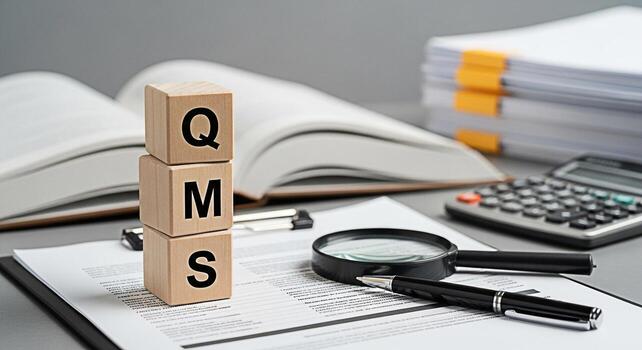Wooden blocks spelling QMS are stacked on documents in a business setting symbolizing quality management systems and a focus on compliance precision and organizational excellence photo