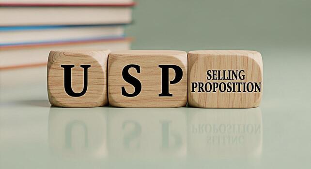 Wooden blocks displaying USP Selling Proposition on a reflective surface stacked books in the background symbolizing unique value and business strategy in a marketing environment conveying a message o photo
