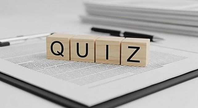 Wooden blocks spelling QUIZ on a clipboard with a pen in a bright office setting representing a test of knowledge and skills creating a sense of challenge and intellectual stimulation photo