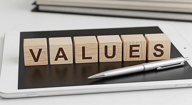 Wooden blocks spelling VALUES resting on a tablet with a pen symbolizing core principles and ethical standards in a modern digital business environment promoting trust and integrity photo