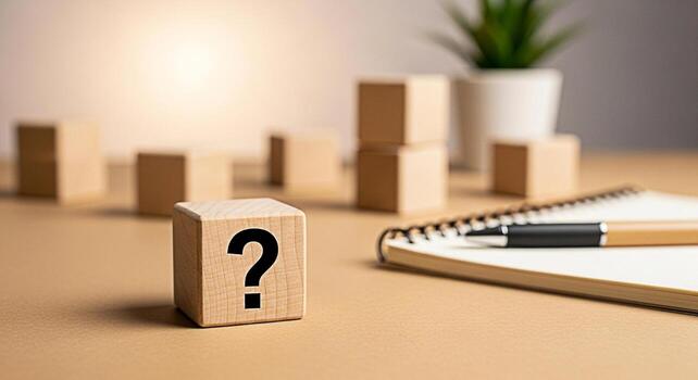 Wooden block displaying a question mark on a desk with a notebook and pen representing uncertainty and the need for answers in a business or educational setting creating a thoughtful mood photo