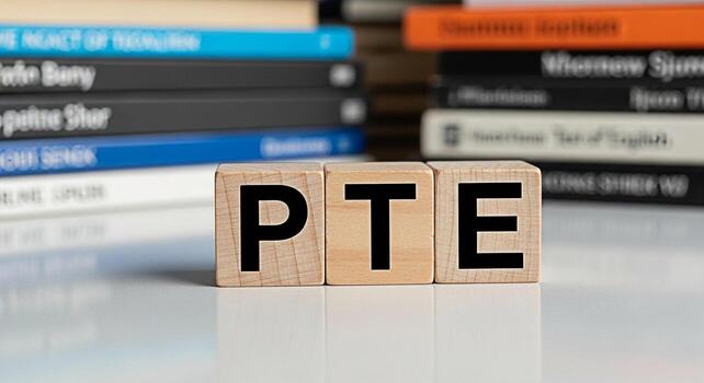 Wooden blocks spelling PTE in a study environment with books representing preparation for the Pearson Test of English conveying a focused and academic mood for language proficiency assessment photo