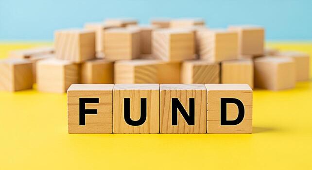 Wooden blocks spelling FUND on a vibrant yellow surface symbolizing financial investment and growth set against a backdrop of stacked blocks creating a sense of stability and prosperity in a modern se photo