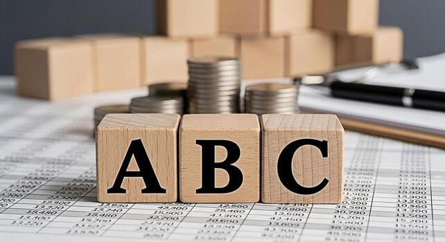 Wooden ABC blocks resting on a financial spreadsheet with stacked coins and a pen in the background representing business fundamentals and financial literacy in a corporate setting photo