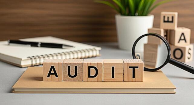 Wooden blocks spelling AUDIT on a desk with a magnifying glass and notebook symbolizing financial review and compliance creating a sense of scrutiny and attention to detail in a corporate setting photo