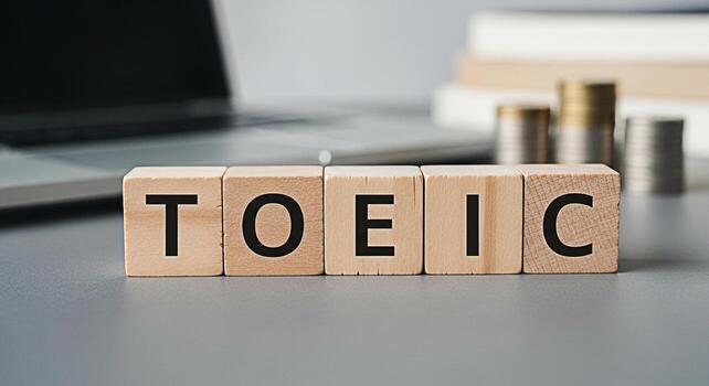 TOEIC wooden blocks displayed on a desk with a laptop and coins representing the concept of investment in education and career advancement creating a mood of ambition and achievement photo