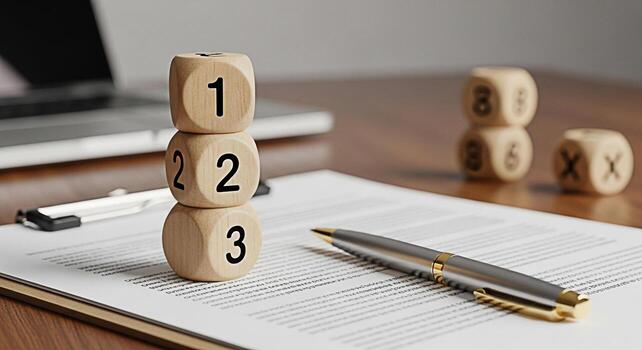 Wooden number blocks stacked on a clipboard with a pen in a bright office setting representing planning and prioritization for business success and achieving goals with a focus on strategy photo