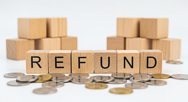 Wooden blocks spelling REFUND surrounded by coins on a white surface representing financial reimbursement and customer satisfaction in a clean minimalist setting conveying trust and reliability photo