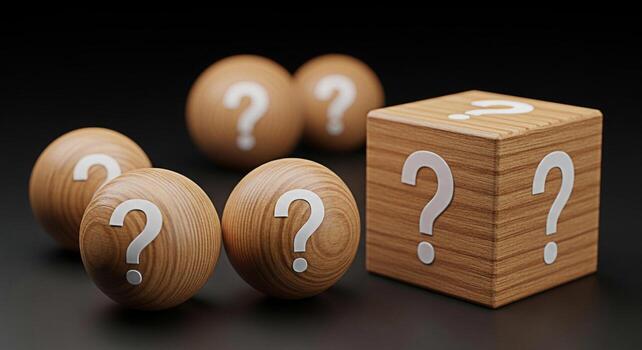 Wooden spheres and cube displaying question marks on a dark surface representing uncertainty and curiosity inviting exploration and discovery with a mysterious and intriguing mood photo