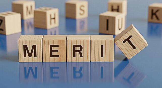 Wooden blocks spelling MERIT on a reflective blue surface emphasizing achievement and success in a conceptual minimalist setting symbolizing recognition and reward for hard work and talent photo