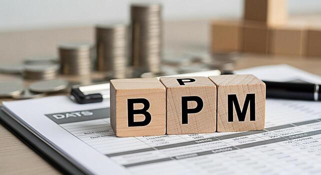 de madera bloques ortografía bpm en un financiero reporte con creciente moneda pilas simbolizando negocio proceso administración y eficiencia en un corporativo ajuste transporte crecimiento y éxito foto