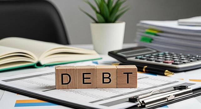 de madera bloques ortografía deuda en financiero documentos en un brillante oficina ajuste representando financiero retos y el necesitar para deuda administración y financiero planificación para un seguro futuro foto