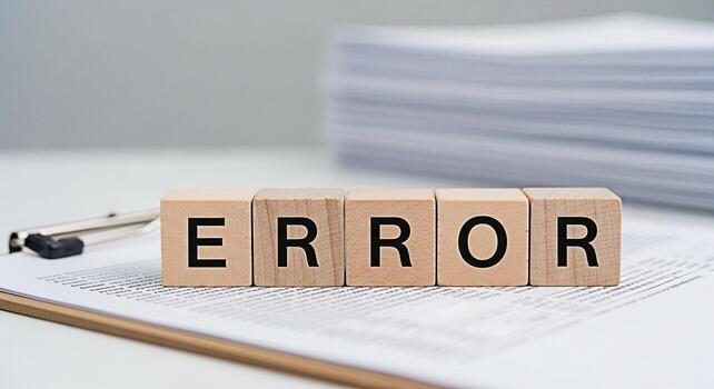 Wooden blocks spelling ERROR on a clipboard with documents suggesting mistakes in paperwork financial errors or system failures in a clean minimalist office environment creating a sense of concern photo