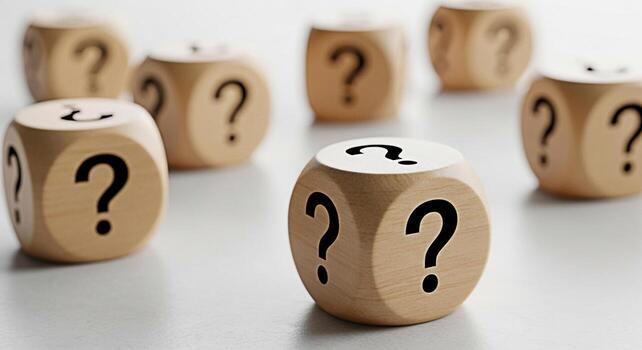Wooden dice displaying question marks on a white surface representing uncertainty and the need for answers in a business or educational setting creating a mood of curiosity photo
