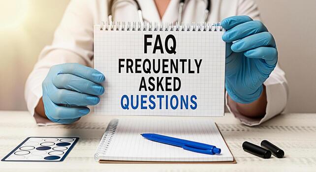 Doctor in a sterile environment presenting a notepad with the text FAQ Frequently Asked Questions offering clarity and guidance on medical information with a focus on patient education and support photo