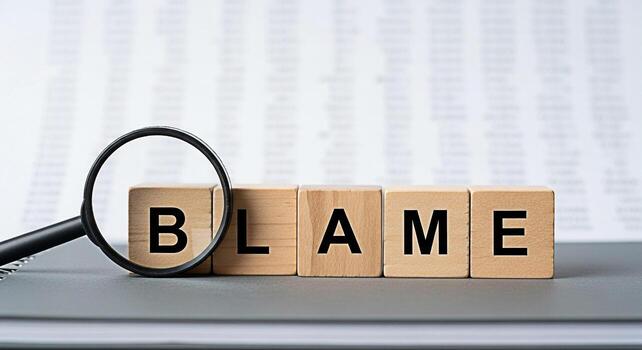 Magnifying glass focusing on wooden blocks spelling BLAME on a gray surface symbolizing accountability and responsibility in a corporate setting creating a serious and contemplative mood photo