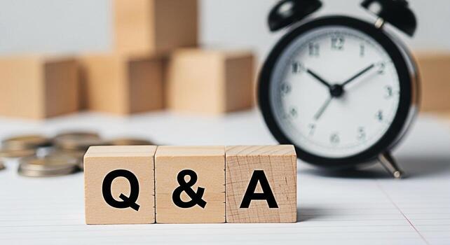 Wooden blocks displaying Q A on a white lined surface with a vintage alarm clock suggesting a timely question and answer session knowledge sharing and the importance of information photo
