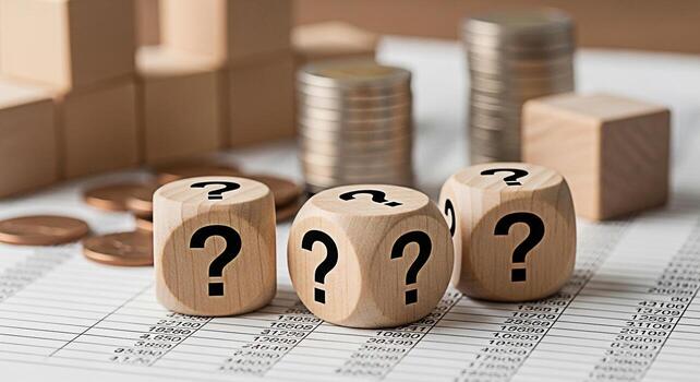 Wooden dice displaying question marks resting on financial documents symbolizing uncertainty in investment decisions and the need for careful analysis in a complex economic environment photo