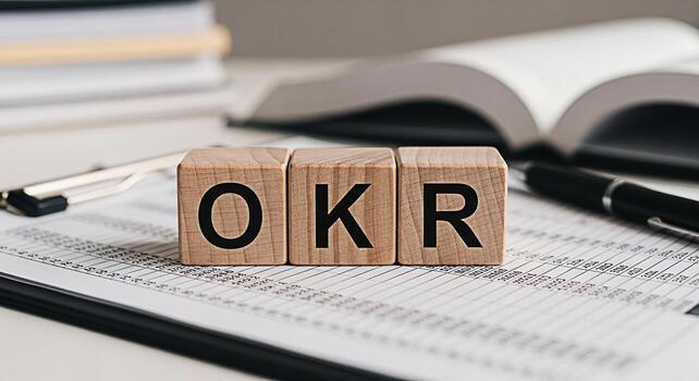 Wooden blocks displaying OKR on a financial report in a bright office representing objectives and key results for business strategy and goal setting creating a focused and organized work environment photo