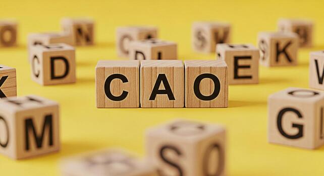 Wooden blocks spelling CAO on a yellow surface surrounded by other letter blocks symbolizing clarity and focus in communication representing a clear message with a bright and optimistic background photo