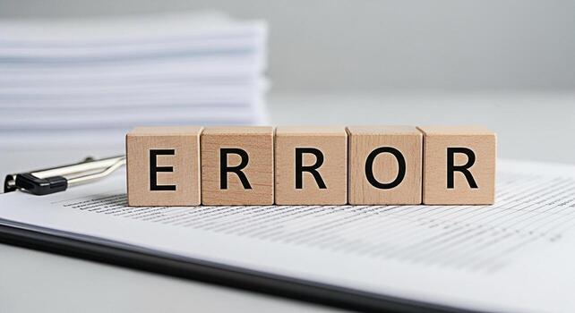 Wooden blocks spelling ERROR on a document in a bright office symbolizing mistakes and challenges in business and finance highlighting the need for accuracy problemsolving and attention to detail photo