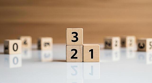 Wooden number blocks stacked on a reflective surface in a studio setting representing counting down learning and numerical sequence creating a sense of anticipation and focus on early education photo