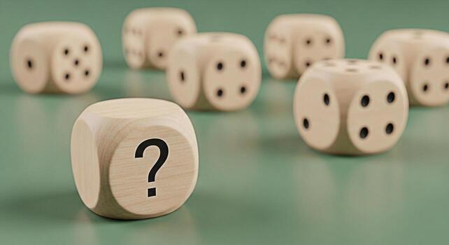 Wooden dice displaying a question mark on a green surface representing uncertainty and risk in decisionmaking creating a sense of mystery and anticipation in a gambling or business context photo