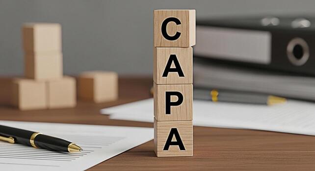 CAPA wooden blocks standing on a desk in a corporate office symbolizing corrective action and preventative action for quality control and continuous improvement in business operations photo