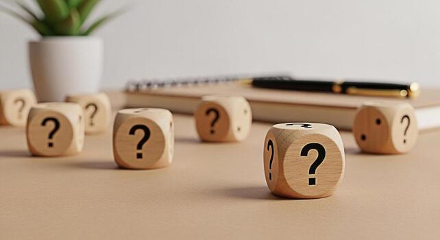 Wooden dice displaying question marks scattered on a desk with a notebook and pen symbolizing uncertainty and the need for answers in a business or educational setting creating a mood of inquiry and c photo