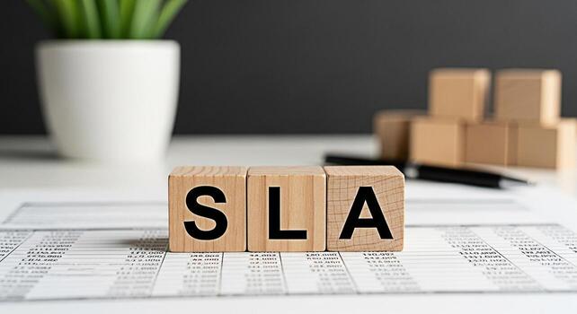 Wooden blocks spelling SLA resting on a financial report in a bright office setting symbolizing service level agreement and business commitment to quality and performance creating a sense of trust and photo