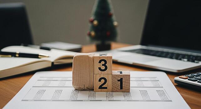 Wooden blocks counting down to the new year on a desk with financial documents a laptop and a miniature Christmas tree creating a festive yet focused and productive atmosphere for yearend planning photo