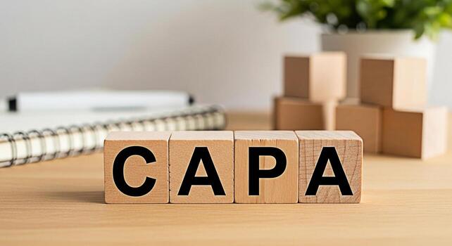 Wooden blocks spelling CAPA on a bright wooden desk symbolizing Corrective and Preventive Action in a business setting promoting quality control and continuous improvement with a focus on problemsolvi photo