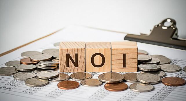 Wooden blocks spelling NOI resting on a financial statement with scattered coins representing Net Operating Income in a business context symbolizing financial analysis and investment strategy photo
