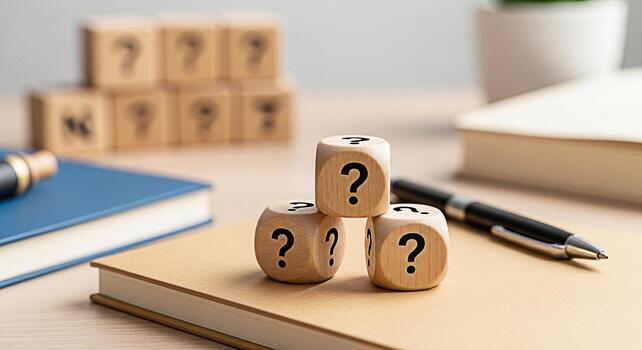 Wooden question mark dice stacked on a notebook in a bright office environment representing uncertainty problemsolving and decisionmaking with a focus on finding answers and solutions photo