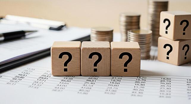 Wooden blocks displaying question marks resting on a financial document with stacked coins symbolizing financial uncertainty and the need for careful planning in a challenging economic environment photo