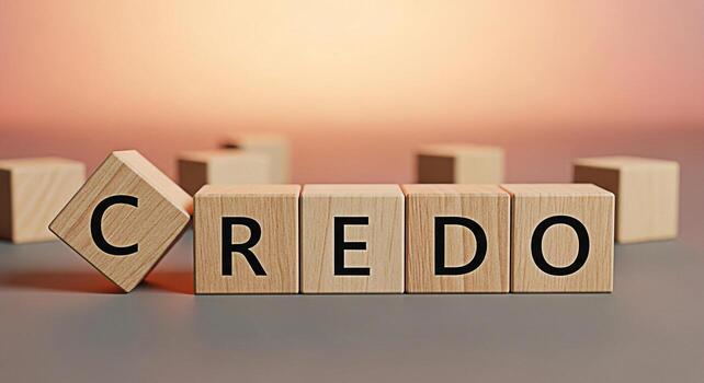 Wooden blocks spelling CREDO arranged on a gray surface under soft lighting symbolizing belief principles and core values in a business or personal context conveying trust and conviction photo