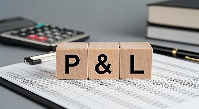 Wooden blocks displaying PL on a financial report symbolizing profit and loss analysis in a professional office setting representing financial health and business performance with a sense of accuracy photo