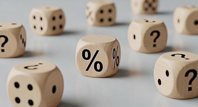 de madera dado mostrando porcentaje señales y pregunta marcas en un neutral superficie representando financiero riesgo y incertidumbre en negocio decisiones creando un sentido de calculado jugar foto